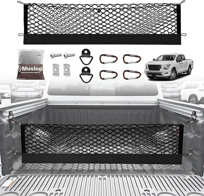 Muslogy Truck Bed Cargo Net Trunk Netting Compatible with Nissan Titan 2017-2025 Accessories, Pickup Cargo Organizer SUV Sedan Storage Net w/Heavy Duty Carabiners