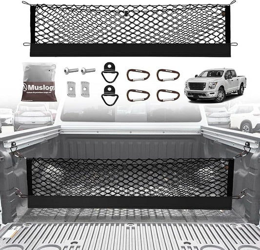 Muslogy Truck Bed Cargo Net Trunk Netting Compatible with Nissan Titan 2017-2025 Accessories, Pickup Cargo Organizer SUV Sedan Storage Net w/Heavy Duty Carabiners