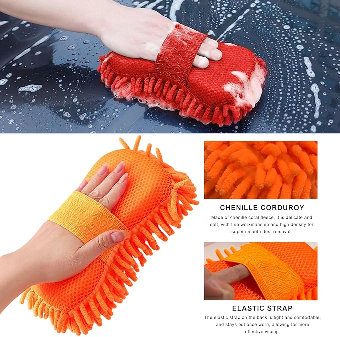 Microfiber Car Wash Sponge, Scratch-Free Vehicle Washing Mitt with Chenille & Mesh Sides, Highly Absorbent Sponge Lint-Free Cleaning Tool for Car Washing & Detailing (Orange)