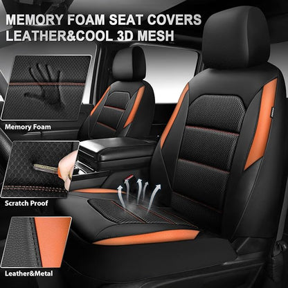 CAR PASS Memory Foam Car Seat Covers,Air Cool Mesh Thick Seat Covers Front Seats,Orange Leather Seat Covers for Car,Universal Automotive Comfort for Most Cars,SUV,Trucks,Airbag Compatible,Black Orange