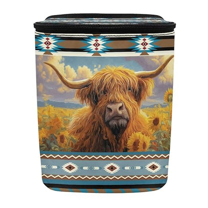 Talayituse Aztec Highland Cattle American Tribal Print Car Trash Can, Auto Garbage Bin with Adjustable Straps, Foldable Car Trash Bin Hanging Storage Organizer Bag Container for Camping Picnic