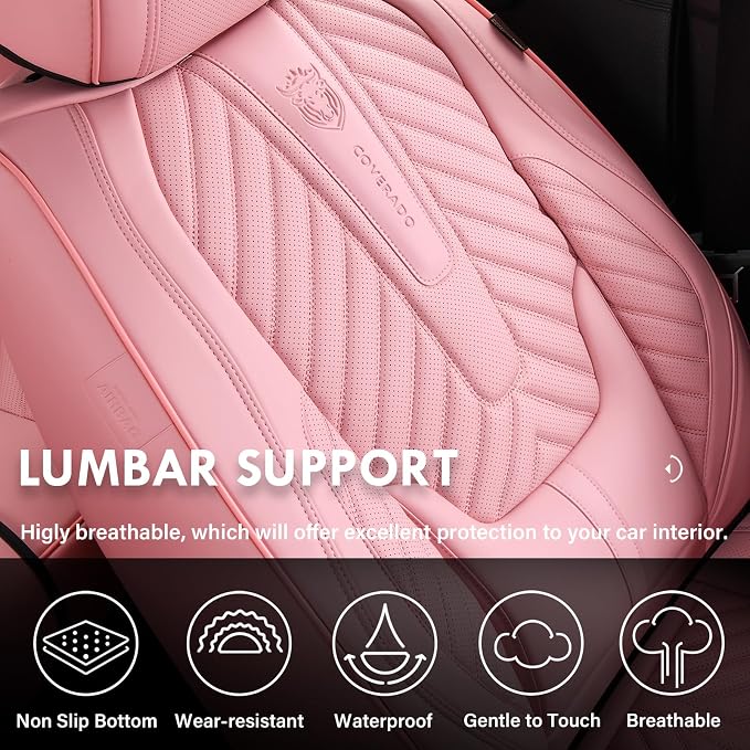 Coverado Seat Covers Front Seats, Car Seat Cover Protector with Lumbar Support, Waterproof Car Seat Cushion, Leather Seat Covers Carseat Cover Universal Fit for Most Cars，Pink