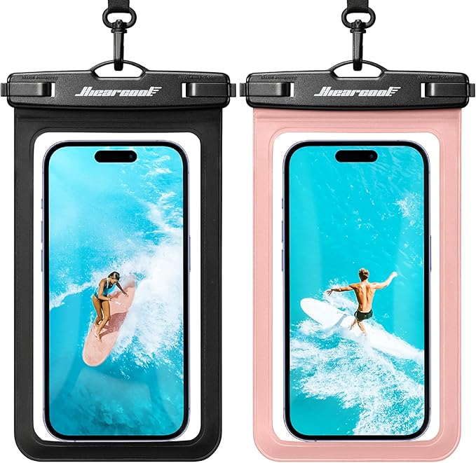 Hiearcool Waterproof Phone Pouch 2 Pack, IPX8 Dry Bag with Lanyard, Touch Screen Compatible for iPhone 17/16/15/14/13 Pro Max, Beach Swimming Cruise Travel-Black & Peach Pink