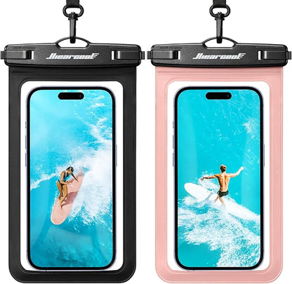 Hiearcool Waterproof Phone Pouch 2 Pack, IPX8 Dry Bag with Lanyard, Touch Screen Compatible for iPhone 17/16/15/14/13 Pro Max, Beach Swimming Cruise Travel-Black & Peach Pink