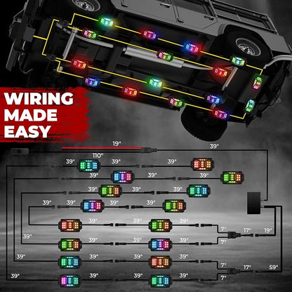16 Pods Five Sided RGB Rock Lights for Trucks Jeep UTV SUV ATV Golf Cart, Multi Chasing Color App/Remote Control Led Rock Lights with Music Mode, Waterproof Exterior Underglow Kits for Cars(Patented)