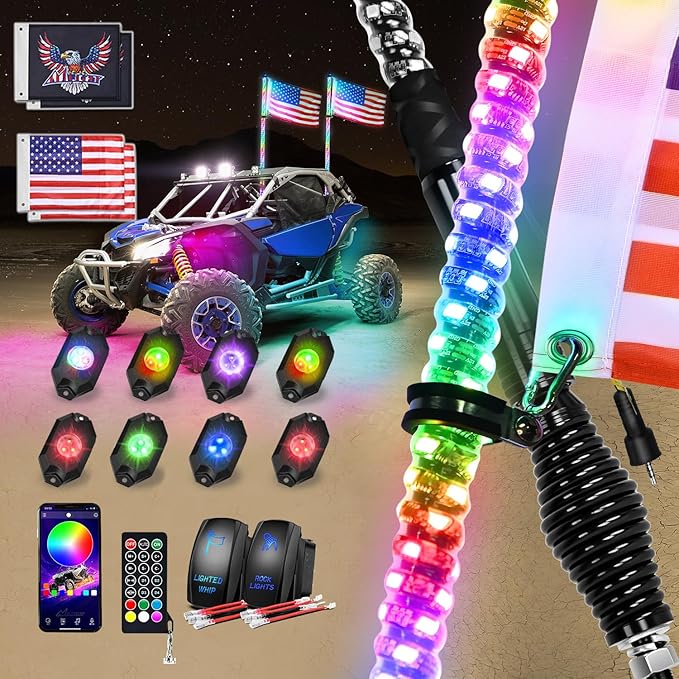 Nilight 2PCS 3FT RGB LED Whip Light with Spring Base and 8 PCS Rock Lights Combo, Remote App Control w/DIY Chasing Patterns Turn Signal Brake Reverse Antenna Lighted Whips for ATV UTV Polaris RZR Jeep