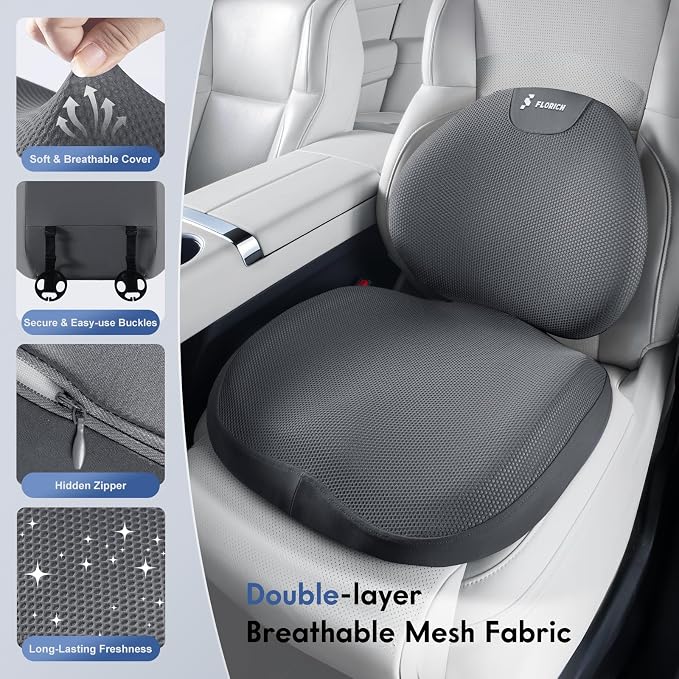 FLORICH Seat Cushion and Lumbar Support Pillow for Office Chair Car, Ergonomic Memory Foam Back Support for Office Gaming Chair Driving Seat Wheelchair, Relieves Neck, Back & Sciatica Pain – Gray
