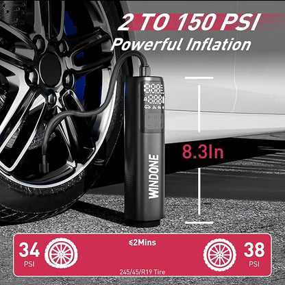 Windone Car Vacuum, 12000Pa 2-in-1 Cleaner & Tire Inflator 150PSI, 60W Brushless Motor, Cordless Handheld Vacuum & Air Pump with Pressure Gauge, LED Light, Multi-Nozzles for Car, Home, Office