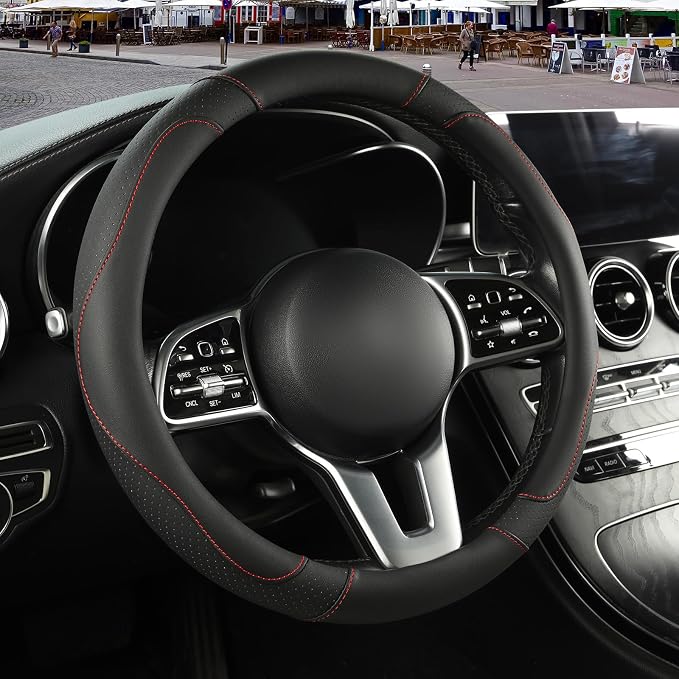 Microfiber Leather Steering Wheel Cover, Breathable, Anti Slip, 13.5 inch to 14 inch, Black