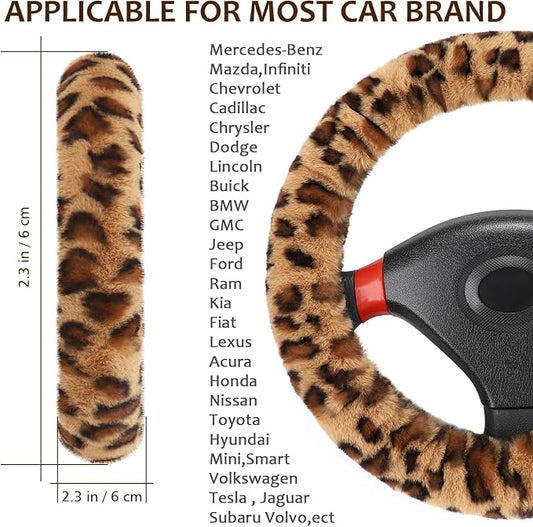 Accmor Fuzzy Car Steering Wheel Cover, Universal Fit Fur Auto Wheel Cover & Handbrake Cover & Gear Shift Cover Set, Anti-Slip Leopard Warm Fluffy Vehicle Wheel Protector Car Accessories for Men Women