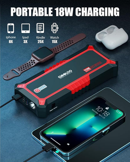 GOOLOO Upgraded GP3000 Jump Starter 3000A Peak Car Starter (Up to 9L Gas or 7L Diesel Engine) 12V Jump Box Auto Lithium Battery Booster SuperSafe Portable Power Pack with USB Quick Charge, Type-C Port