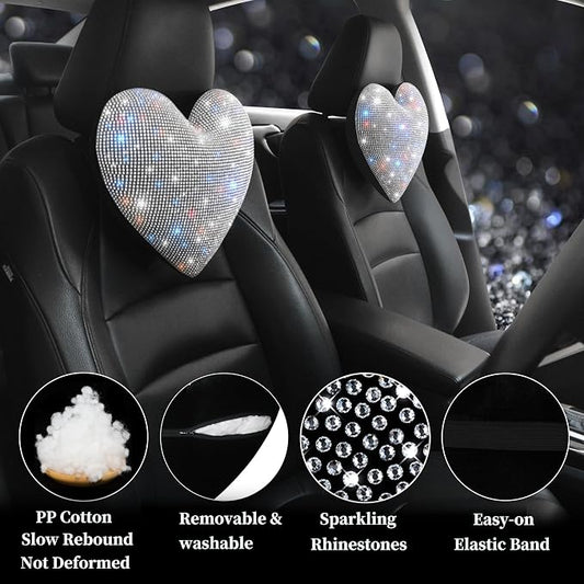 Bling Bling Car Seat Pillows – Sparkly Rhinestone Headrest Neck Support Pillow for Women, Girls, and Ladies – Shiny Diamond Interior Accessories for Travel and Comfort White 2 Pieces