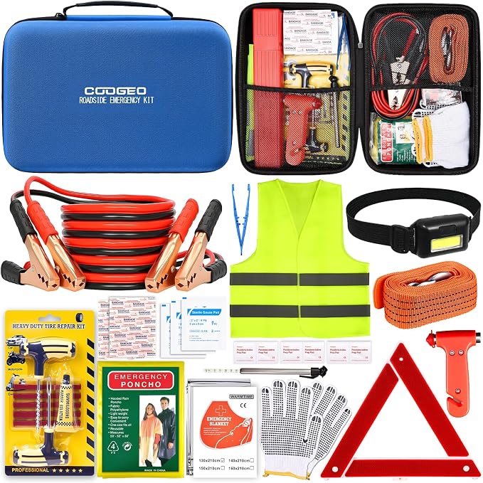 15PC Car Emergency Kit with Jumper Cables, Roadside Assistance Safety Kit for Auto & Truck, Includes Safety Hammers, Tow Strap, Warning Triangle, First Aid, Gifts for Young Men or Women, Blue