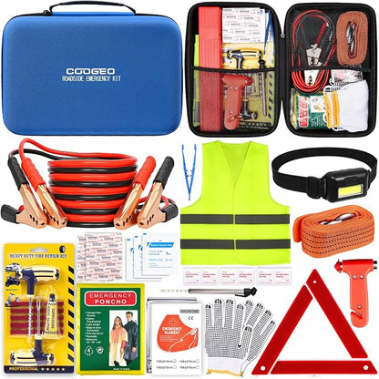 15PC Car Emergency Kit with Jumper Cables, Roadside Assistance Safety Kit for Auto & Truck, Includes Safety Hammers, Tow Strap, Warning Triangle, First Aid, Gifts for Young Men or Women, Blue