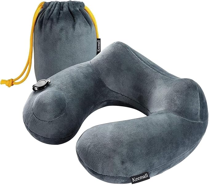 Keemall Inflatable Travel Pillow - Luxury Soft Fabric for Ultimate Comfort, 360 Degree Ergonomic Neck Pillow for Airplanes, Cars & Long Road Trips, Portable with Carry Bag