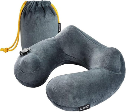 Keemall Inflatable Travel Pillow - Luxury Soft Fabric for Ultimate Comfort, 360 Degree Ergonomic Neck Pillow for Airplanes, Cars & Long Road Trips, Portable with Carry Bag