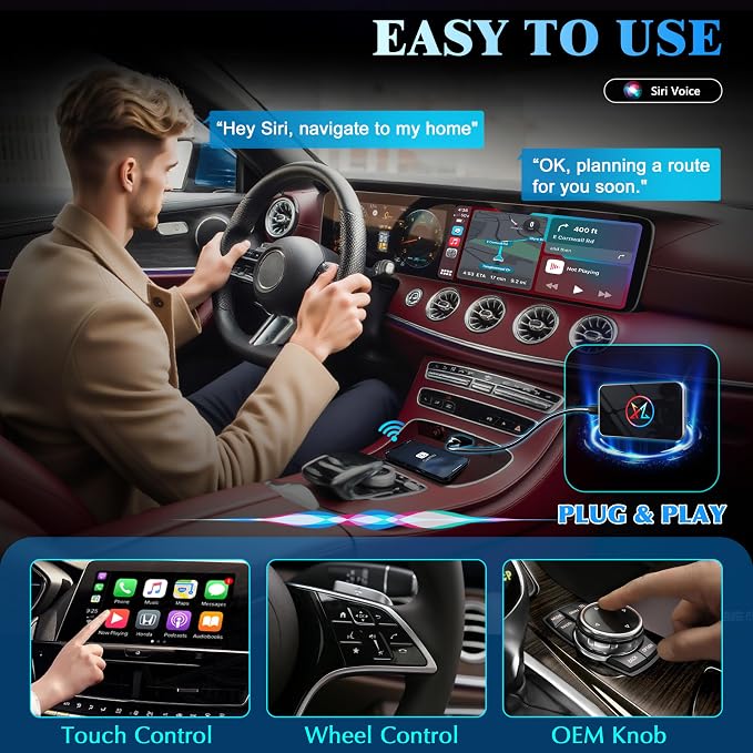 Wireless CarPlay Adapter for iPhone, 3 in 1 AI Box Surpports with OEM Wired to Wireless Apple CarPlay, Android Auto and Streaming Netflix/YouTube/TikTok, Plug and Play, Stable Connection, HDMI Output