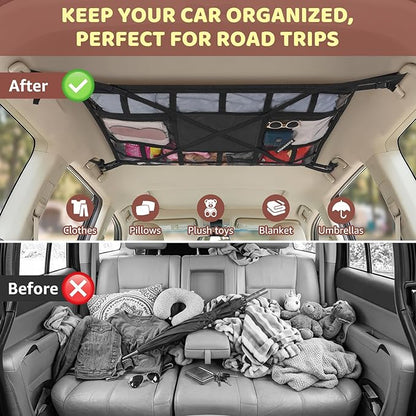 Extra Large Car Ceiling Cargo Net 43.3×27.5 Inch for SUV Minivan Truck Van,Roof Storage Organizer, Overhead Mesh Cargo Holder,Fits Most 4 Handle Vehicles for Road Trip Camping Travel