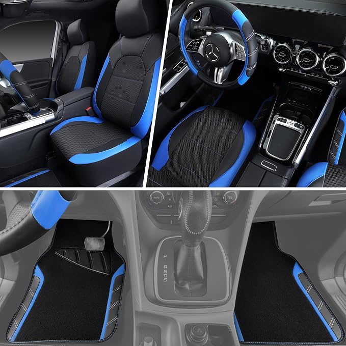 CAR PASS Air Mesh Leather Car Seat Covers Full Set, Waterproof Car Floor Mats, Sporty Steering Wheel Cover 14.5-15in, Universal Fits for 95% Cars Truck SUV (Black and Blue)