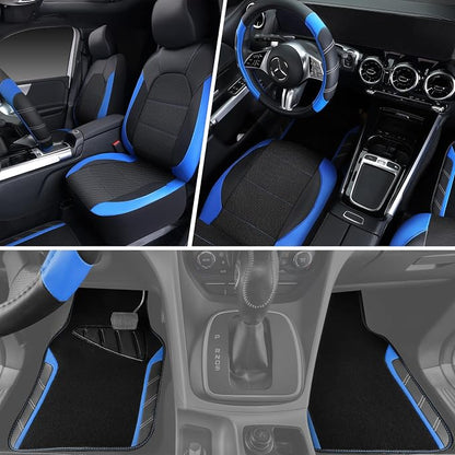 CAR PASS Air Mesh Leather Car Seat Covers Full Set, Waterproof Car Floor Mats, Sporty Steering Wheel Cover 14.5-15in, Universal Fits for 95% Cars Truck SUV (Black and Blue)