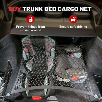 RED WOLF Elastic Cargo Net for SUV Rear Trunk Bed Netting Cover Net Stretchable Mesh Organizer 32" x 24" Stretch to 63"x43" with Fixing Hooks D-Rings Luggage Cover