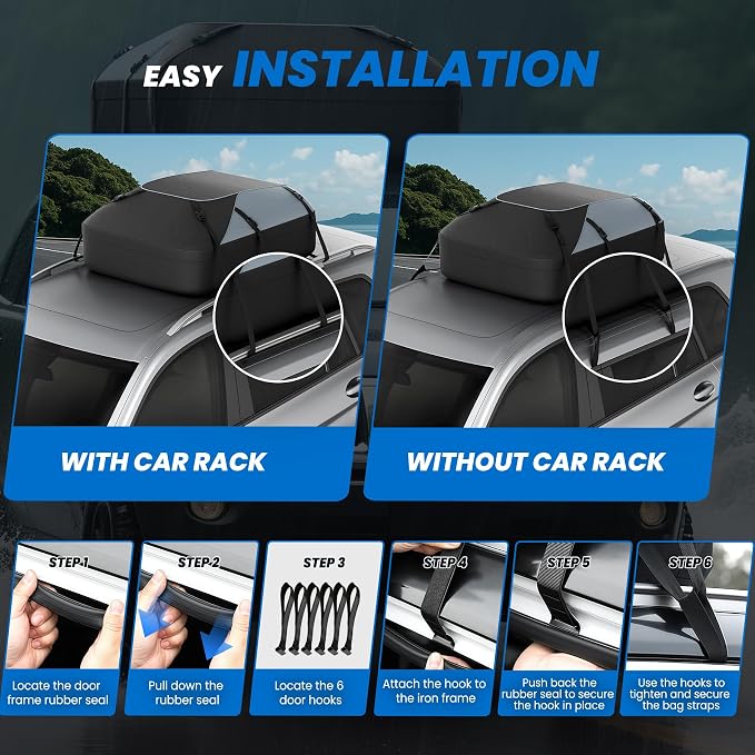 Waterproof Roof Top Bag 20 Cubic/550L | Universal Fit for Cars with/Without Racks | Storage Bag, Anti-Slip Mat, 6 Door Hooks, Combination Lock, Tool-Free Easy Install