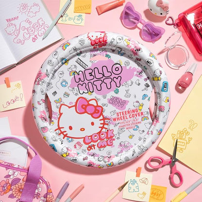 Hello Kitty Steering Wheel Cover, Official Sanrio Car Steering Wheel Cover with Universal Size 14.5-15, Cute White Hello Kitty Car Accessories for Women (Hello Kitty Look at Me)