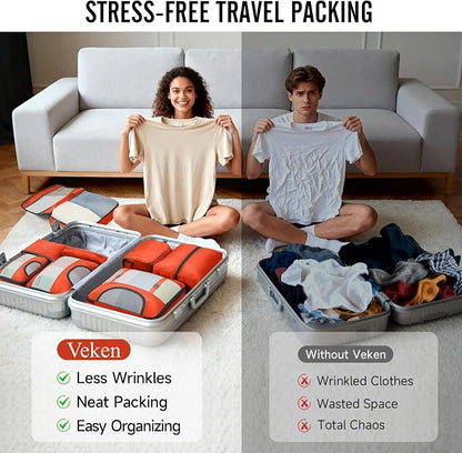 Veken 10 Set Packing Cubes for Travel Essentials,Anti-Wrinkle Buckled Suitcase Organizer for Shoe & Toiletry Bag,Carry On Luggage Bag with 99+ Count Mesh Holes for Airplane & College Dorm Accessories