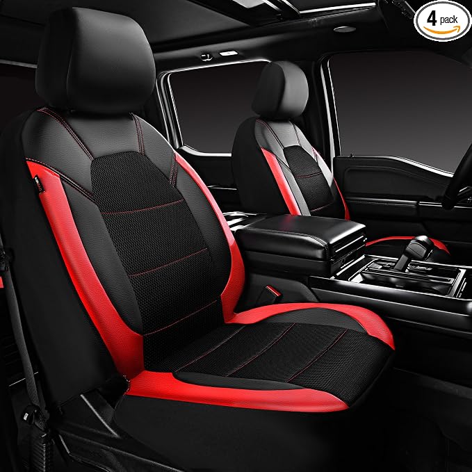 CAR PASS Leather Car Seat Covers Front Seats Only, with Air Mesh Front Seat Covers Breathable, Cool Automotive Seat Covers 2 Pack, Universal Fit Most Cars,SUV,Truck,Van Airbag Compatible(Black & Red)