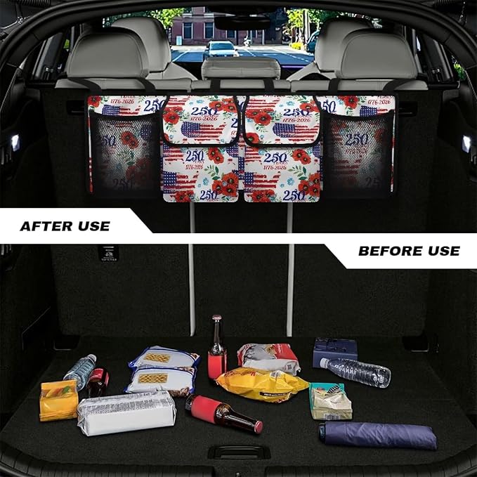 250 Years Trunk Storage Organizer Backseat Hanging Storage Bag with 4 Pockets & 3 Adjustable Straps Adjustable & Waterproof Car Interior Accessories for Most Cars