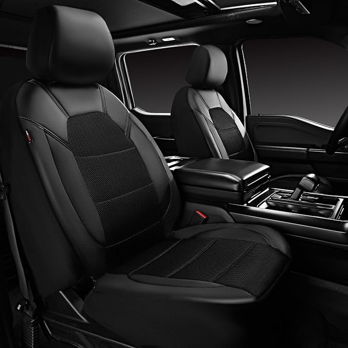 CAR PASS Universal Leather Two Front Seat Covers,Sport seat Covers fits Most Cars, SUVs, Trucks, and Vans Airbag Compatible (Black and Black)