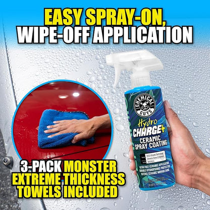 Chemical Guys Hydro Charge Ceramic Spray Coating 16 Fl Oz, With Monster Extreme Microfiber Towels (3 Pack) High Gloss Paint Protection Spray With Thick Plush Towels For Car Wash Drying And Detailing