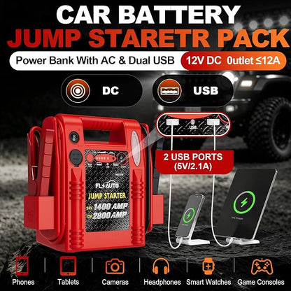 2800A/1400A Heavy Duty 12V/24V Car Jump Starter & Battery Booster – Jumper Pack, Lead-Acid Emergency Power for Cars, Trucks, SUVs, Boats, RVs | FlyAuto