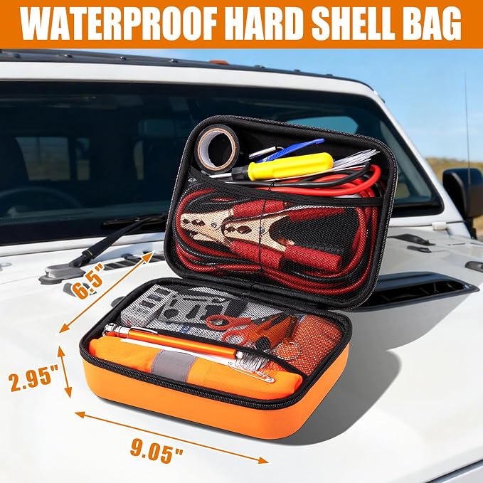 Car Roadside Emergency Kit, Car Safety Kit Portable Car Kits for Emergency with Jumper Cable, Safety Hammer, Orange