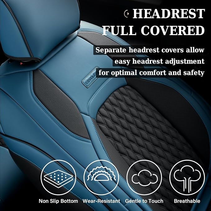 Coverado RAM 1500 Blue Seat Covers, Faux Leather Full Coverage Car Seat Covers Fit for 2009-2018 Dodge RAM 1500 2500 3500 Trucks, Flat Front