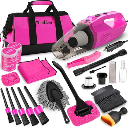 ThinkLearn Car Cleaning Kit, Car Corded Vacuum Detailing Kit Interior with High Power Handheld Vacuum, Including 7Pcs Detailing Brush Set, Windshield Cleaner, Pink Car Accessories for Women