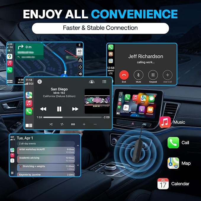 2026 Wireless CarPlay & Android Auto Adapter - Flexible Cable Prevents Port Damage, Dual-Band 2.4GHz+5GHz Fast & Stable Connection, USB A+C Adapter Included for 800+ Vehicles 2015-2026, Carbon Fiber