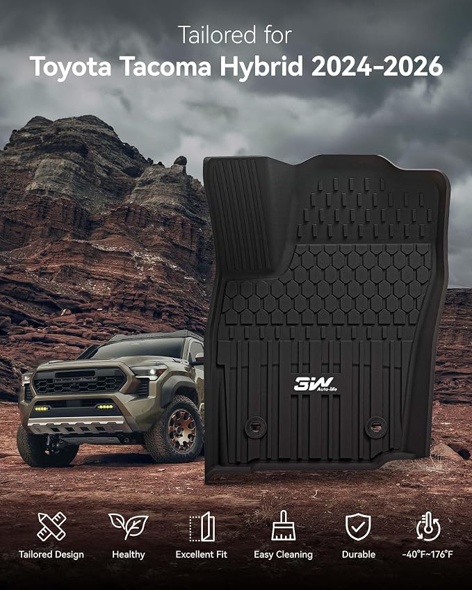 3W Floor Mats Fit for Toyota Tacoma Hybrid 2024 2025 2026, TPE All Weather Custom Fit Floor Liner for Tacoma Accessories 1st and 2nd Row Full Set Car Mats Easy Clean, Black(Only for Hybrid)