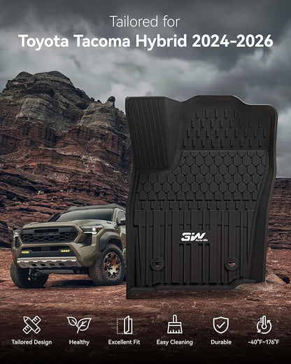 3W Floor Mats Fit for Toyota Tacoma Hybrid 2024 2025 2026, TPE All Weather Custom Fit Floor Liner for Tacoma Accessories 1st and 2nd Row Full Set Car Mats Easy Clean, Black(Only for Hybrid)