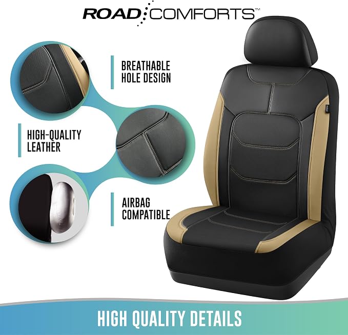 Road Comforts Seat Covers, Premium Leather Car Seat Covers Full Set,Airbag Compatible, Automotive Seat Covers Universal Fit Most Cars,Vans,Truck,SUV, Beige