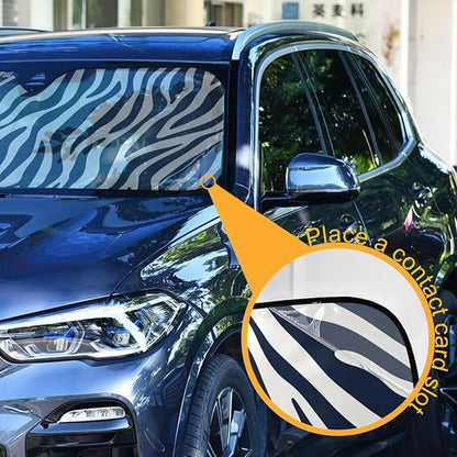 Windshield Sun Shade Blue White Zebra Print Front Window Block UV Shades Visor Reflective Retractable for Car SUV Trucks
