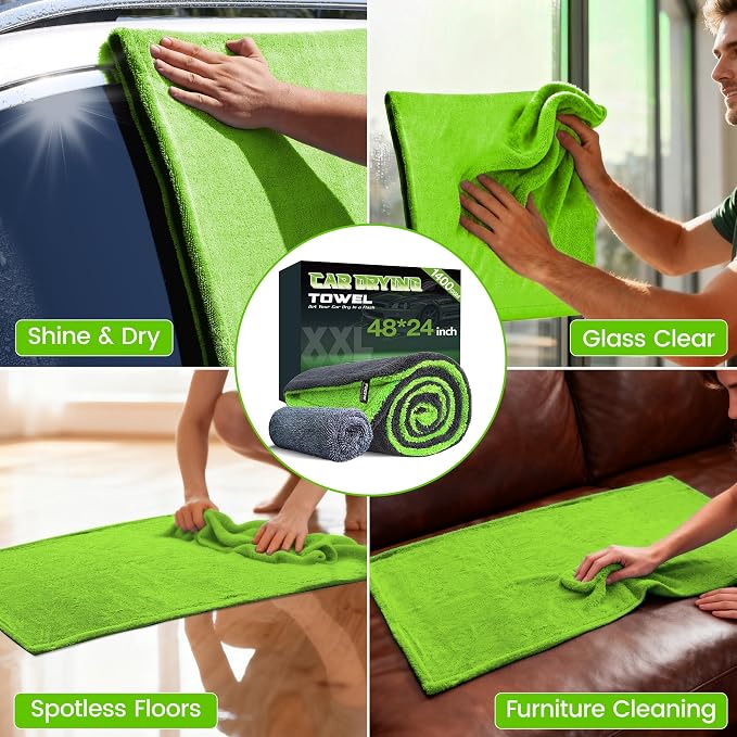 PUGPIU Microfiber Car Drying Towel Extra Large Super Absorbent 48"X24", 1400 GSM Flash Detail Car Wash Drying Towel Edgeless with Two Sided Soft Twisted-Loop, No Water Spots Streaks for Cars (Green)