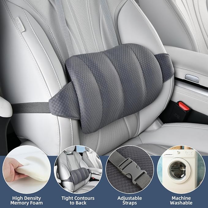 KAYI Lumbar Support Pillow for Car, Memory Foam Lumbar Pillow with Adjustable Straps, Lumbar Support Pillow for Office Chair, Back Support for Car, Sitting, Driving, Traveling (1, Gray)