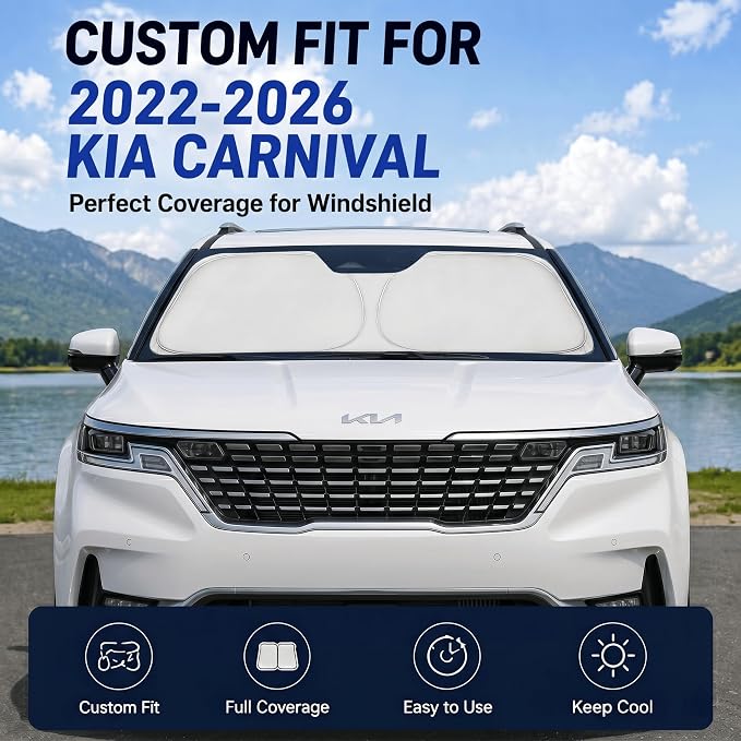 Custom Fit Windshield Sun Shade for Kia Carnival 2022-2026 | Custom Fit Windshield Cover, Blocks UV Rays, Double-Layer Heat Shield, Durable Frame, Easy Fold & Storage