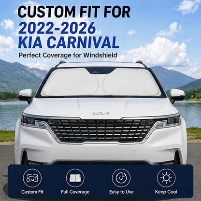 Custom Fit Windshield Sun Shade for Kia Carnival 2022-2026 | Custom Fit Windshield Cover, Blocks UV Rays, Double-Layer Heat Shield, Durable Frame, Easy Fold & Storage