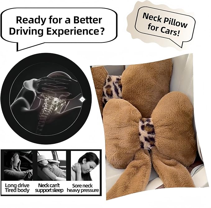 Car Neck Pillow 2PCS Plush Bowknot Car Headrest Pillow – Comfortable Neck Support for Driving Soft Touch Fabric Car Pillow Cute Interior Decor (Brown)
