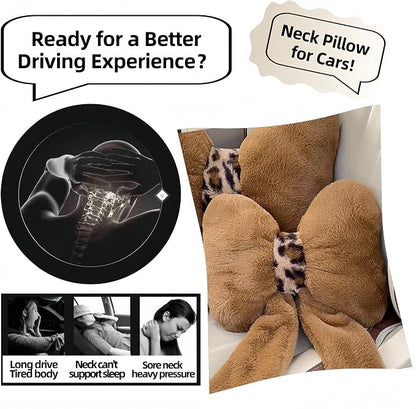Car Neck Pillow 2PCS Plush Bowknot Car Headrest Pillow – Comfortable Neck Support for Driving Soft Touch Fabric Car Pillow Cute Interior Decor (Brown)