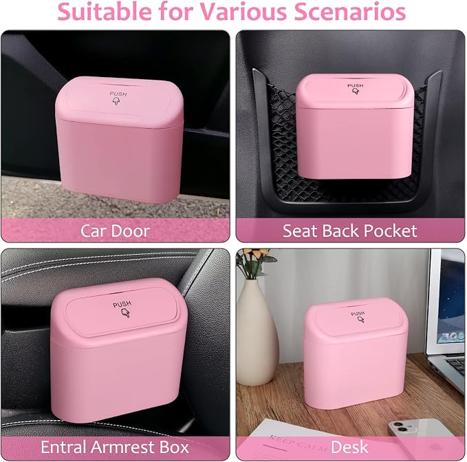 Accmor Car Trash Can with Lid, 2 Pack Pink Mini Vehicle Trash Bin Dustbin Garbage Organizer Holder with Trash Bag, Small Hanging Leakproof Auto Storage Bag Container for Car SUV Home Office