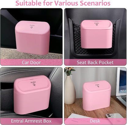 Accmor Car Trash Can with Lid, 2 Pack Pink Mini Vehicle Trash Bin Dustbin Garbage Organizer Holder with Trash Bag, Small Hanging Leakproof Auto Storage Bag Container for Car SUV Home Office