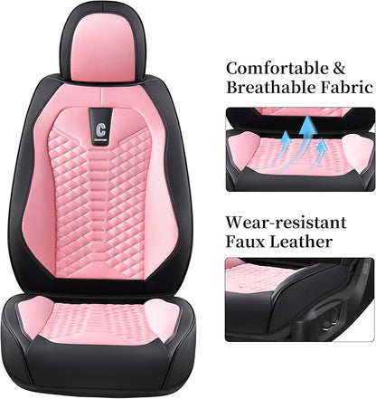 Coverado Front Seat Covers, 2 PCS Pink Seat Cover for Cars, Breathable Fabric& Faux Leather Seat Cover, Driver Seat Cushion, Car Seat Protector Universal Fit Most Cars, Trucks, SUV